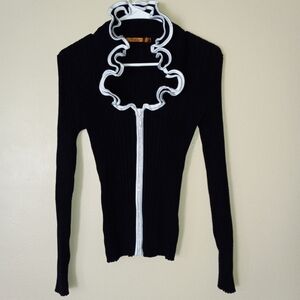 BELLDINI Elegant Black Sweater with Rhinestoned-Zipper and White Trim Women's M